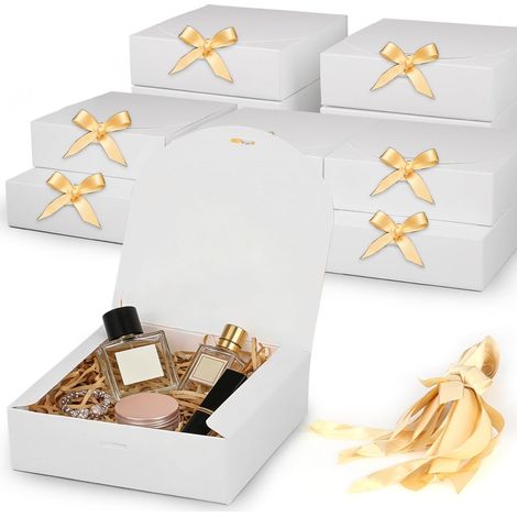 Pack of 12 White Gift Boxes with Lids, Gift Box with Ribbon, Small Cardboard Box 16.5 x 16.5 x 2 cm, Gift Packaging for Birthday, Wedding, Christmas (1/5)