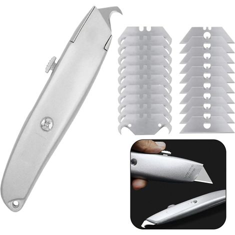 Teppichmesser Set mit 20 Klingen: 10 Trapez- & 10 Hakenklingen, Profi Cutter