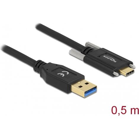 Delock Cable SuperSpeed USB 10 Gbps (USB 3.2 Gen 2) Tipo-A macho a USB Type-Câ¢ macho con tornillos en los laterales 0,5 m