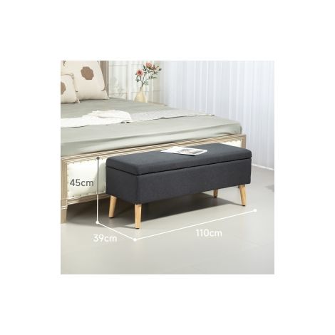 Banc coffre gris foncé en aspect lin et bois d'hévéa avec rangement intégré pour chambre, entrée et salon (1/5)