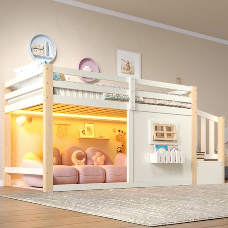 Hochbett 90x200 cm, Kiefernholz, Natur-Weiß – Mit Fenster, Stauraumtreppe, LED-Lichtleiste & durchgehenden Geländern (ohne Matratze) (1/5)