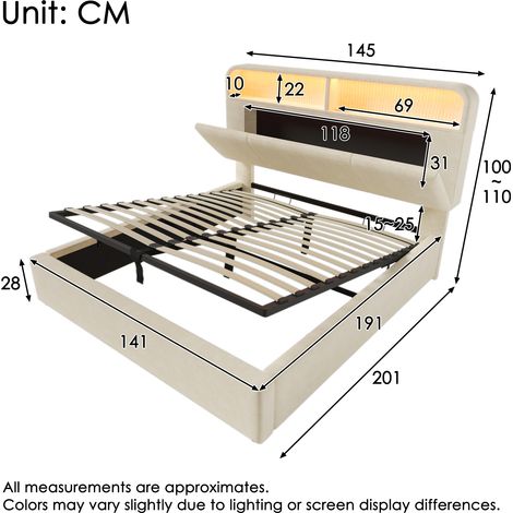 Lit rembourré double 140×190,tête réglable,hydraulique,LED,recharge USB/Type-C,velours beige,cadre à lattes,sans matelas