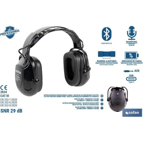 Cofan – Casque anti-bruit Bluetooth SNR 29dB – Microphone intégré – Contrôle du volume – Entrée AUX 3,5 mm – Confort ergonomique
