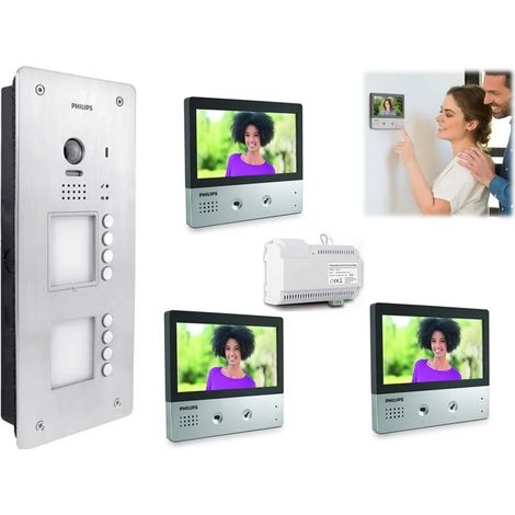KIT VIDEOCITOFONO 3 FAMIGLIE PHILIPS 2 FILI A COLORI VIVAVOCE 7 POLLICI