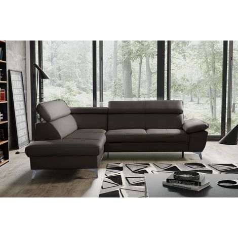 - Canapé d'angle convertible en cuir italien de luxe 5/6 places WARREN II, avec coffre, chocolat, angle gauche (1/4)