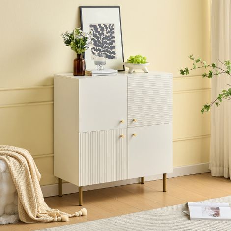 Credenza moderna in MDF bianco con maniglie in lega di zinco e gambe in acciaio: elegante mobile contenitore per soggiorno, camera da letto e corridoio.