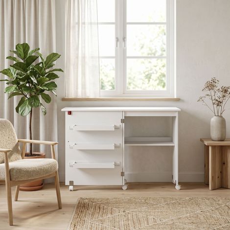 Table de couture pliante meuble couture à abattant avec bacs de rangement, étagère ouverte et roulettes, blanc (1/5)