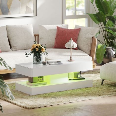 Table basse 120x50x42 cm blanche avec 2 tiroirs, LED et niche ouverte, panneaux de bois MEUBLIV (1/5)