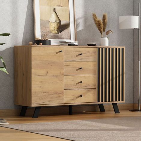Buffet bas - SOGEU - Buffet bas - 4 tiroirs - 2 compartiments - Design ajouré bicolore 120x38x75 cm (1/5)