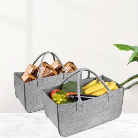 (50x25x25cm, 2pcs, Gris) Sac fourre-tout en feutre de laine pour panier à bois de chauffage, sac de courses, panier à bûches portable pliable et résistant à l'usure (1/4)