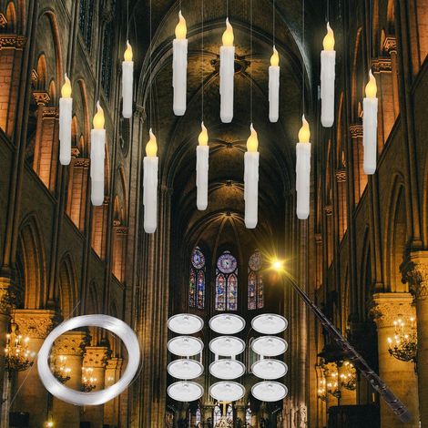 Lot de 12 Bougies flottantes avec baguette magique, Bougie LED télécommandée, Flamme vacillante, Bougies électriques pour Halloween, mariage,Noël (bougies flottantes blanches)