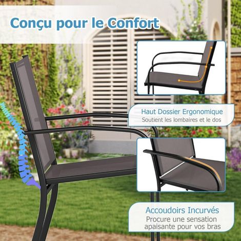 Lot de 4 chaises de jardin empilables, fauteuils repas extérieur en tissu respirant avec accoudoirs, métal gris (1/5)