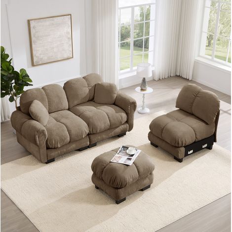 Divano angolare 260x149x90 cm, con pouf mobile e 2 cuscini, cuciture trapuntate, ciniglia marrone (1/5)