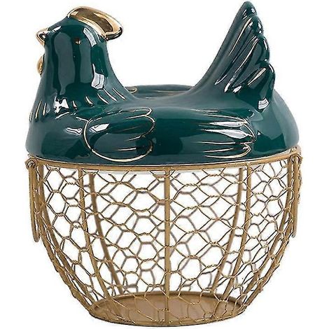 Panier à œufs en fil de métal, panier à fruits avec couvercle en forme de poule, porte-œufs en céramique, capacité de rangement (1/5)