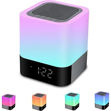 Altavoz Bluetooth portátil, lámpara de noche LED con control táctil, lámpara de mesa que cambia de color, luz nocturna con despertador para niñas, niños y amigos. (1/5)