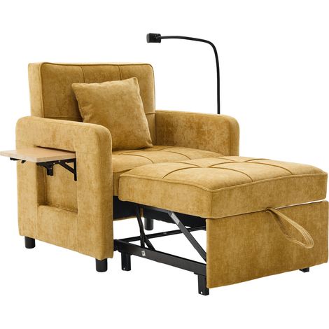 Fauteuil convertible 1 place en tissu jaune moutarde, dossier 5 positions, rangements latéraux et tablette, lit d’appoint extra long - CHICFURN (1/5)