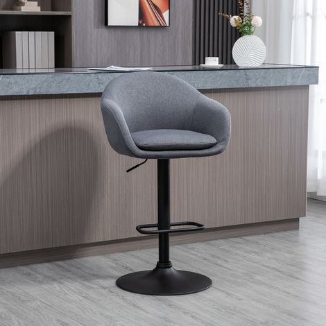 Taburete de bar ajustable con respaldo y reposapiés, giratorio 360 grados, tejido efecto lino, acero, gris oscuro (1/5)