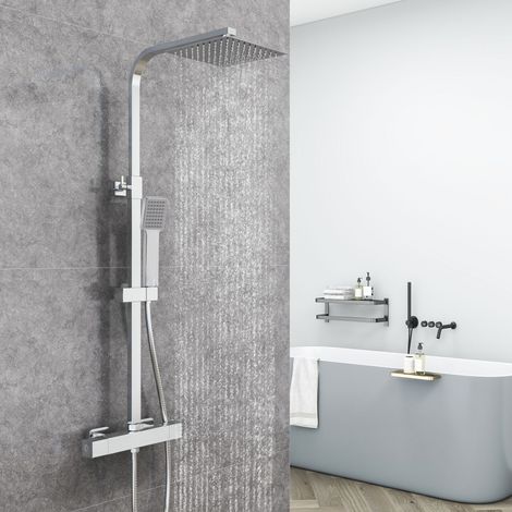 Aica Sanitaire – Colonne de douche thermostatique – Mitigeur en laiton massif – Pomme de douche carrée 20x20cm en inox – Hauteur réglable 732-1152mm – Flexible inox 1500mm (1/5)