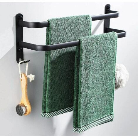Porte Serviettes Salle de Bains, Noir Barres Porte Serviettes Mural Adhesif pour Douche et Cuisine, Étanche Barres Porte avec Crochet Double Bars 40cm