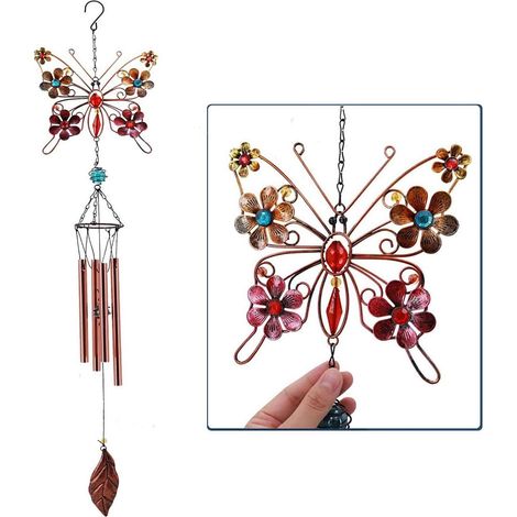 Carillon papillon en métal et verre coloré, peint à la main, 56 cm