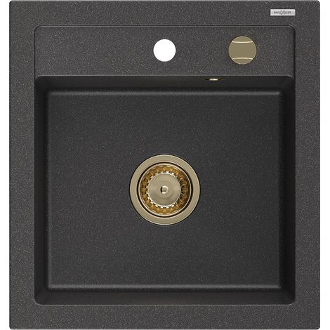 Mexen Vito lavello in granito 1-vasca 520 x 490 mm, nero maculato, sifone dorato - 6503521000-76-G (1/5)