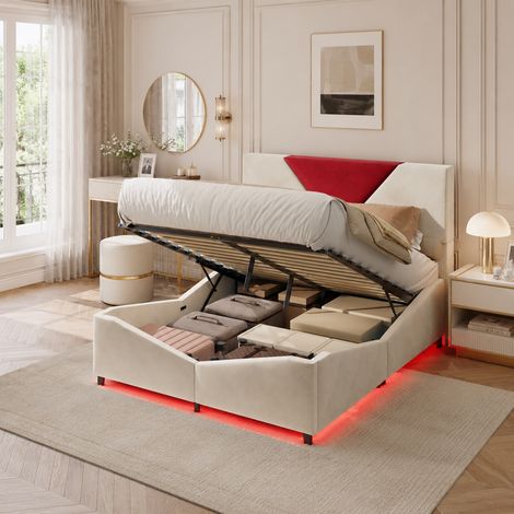 Lit coffre 140×190 cm avec lumière LED,lit double,rangement hydraulique,lit capitonné,design triangulaire,cadre de lit 140×190,style moderne,sommier à lattes,lit adulte,lit ados,Velours,Beige (1/5)