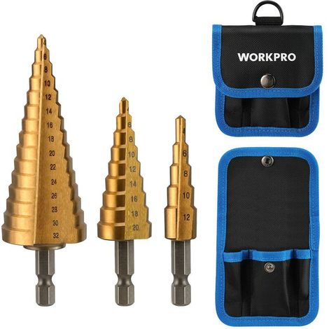 Workpro – Jeu de 3 forets étagés HSS titane 4-12/20/32mm – Tige hexagonale 1/4' – Pour perçage plastique, aluminium, acier inoxydable – Sac inclus (1/5)
