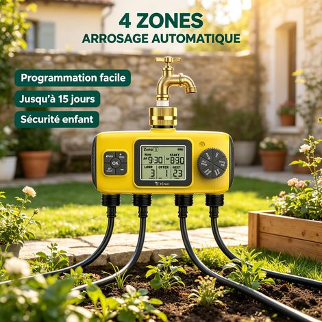 Programmateur d'arrosage automatique à 4 zones – Modèle 2026 avec écran LCD et bouton de commande manuelle pour une configuration facile (adapté aux systèmes d'arrosage de jardin) (1/5)