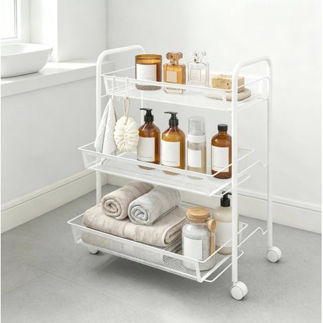 Desserte à roulettes 3 niveaux en métal blanc, chariot de rangement avec paniers amovibles, 4 crochets et 4 roues, pour cuisine, salle de bain et buanderie – CHICFURN (1/5)