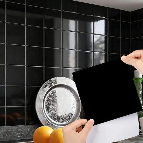 Autocollants pour carrelage en PVC - Imperméables - Sans résidus - Protection anti-éclaboussures - Pour recouvrir de vieux carreaux de cuisine et de salle de bain - Noir : 48 (1/5)