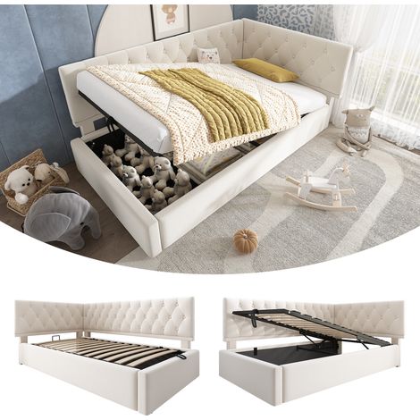 Sofá cama de terciopelo beige 90x190 cm con almacenaje hidráulico y somier de láminas (1/5)