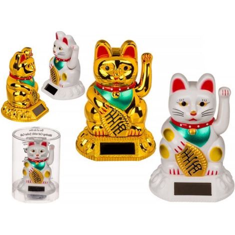 Gatto porta-bonheur solare - FUORI DAL BLU - Maneki-neko - Plastica resistente - Energia solare - 7,5 cm