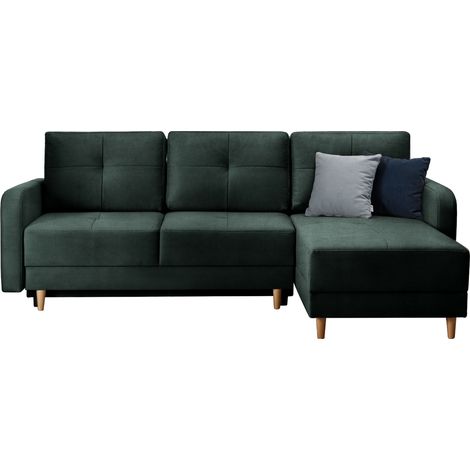 Canapé d'angle convertible et réversible velours KINDO - Pieds bois clair-Vert épinard (1/5)