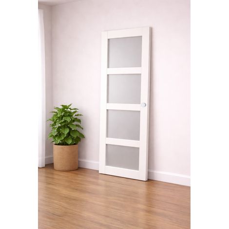 Puerta corredera Tana blanca con cristal H204 x L73 cm, con conchas blancas, GD MENUISERIES