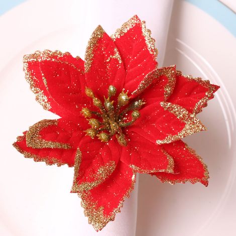 Set mit 6 eleganten roten Servietten mit weihnachtlichem Blumenmuster, ideal für eine Geburtstagsfeier oder Hochzeit. (1/5)