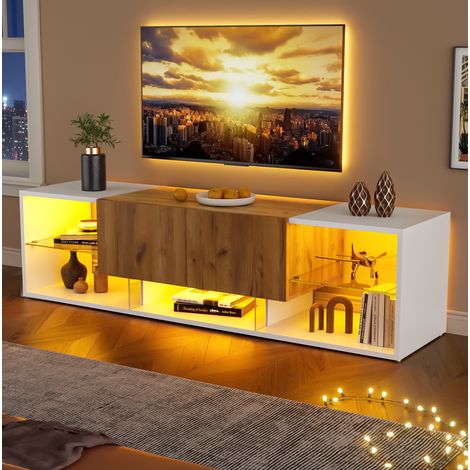 Mobile TV bianco con 2 cassetti, 2 ripiani in vetro e illuminazione LED, per soggiorno e camera da letto (1/5)