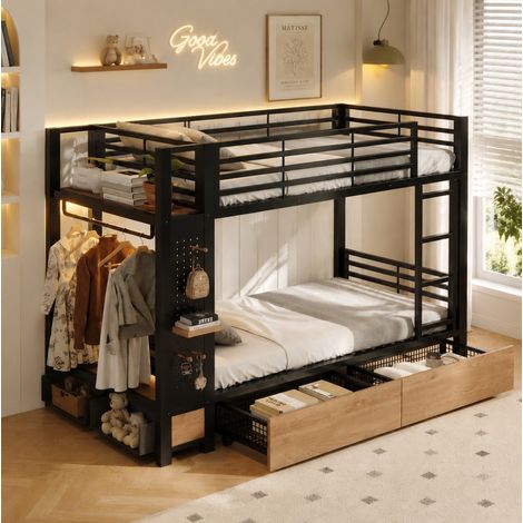 Letto a castello 90x200 cm in metallo e MDF nero con contenitori integrati - MEUBLIV (1/5)