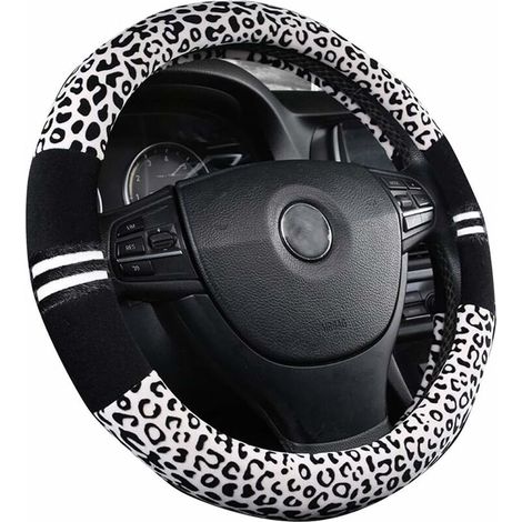 Ahlsen Funda cálida para volante de coche con estampado de leopardo suave, mango de freno de mano, cambio de marchas, felpa para mujer en invierno, color blanco (1/3)