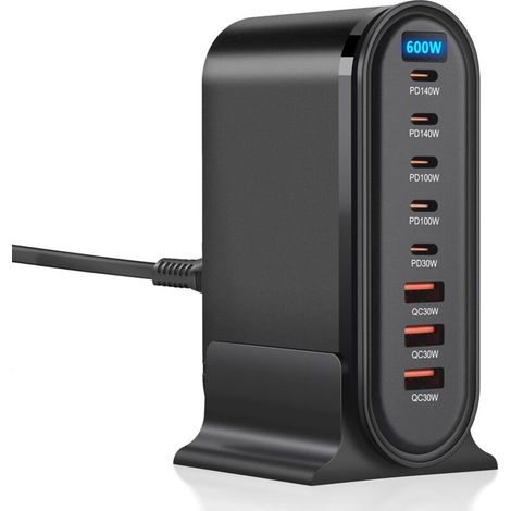 600-W-USB-C-Ladegerät mit mehreren Anschlüssen, 8-Port-GaN-Schnellladegerät, QC+PD-Schnellladegerät mit mehreren Anschlüssen, Ladestation kompatibel mit Laptops und Smartphones