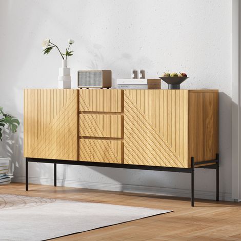 Buffet avec 2 portes et 3 tiroirs,pieds métalliques,meuble TV,buffet,commode avec dessin en ligne,dimensions : H75 cm / L140 cm / D40 cm