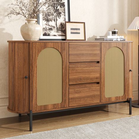 Buffet ovale noyer en rotin avec 2 portes coulissantes 2 portes battantes et 2 tiroirs, aspect bois, pieds métalliques,140x38x77.5 cm (1/5)