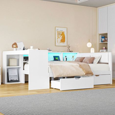 Rangement et charge au lit, lit plateforme blanc 140x200 avec étagères, 2 tiroirs, tête de lit rembourrée et LED (1/5)