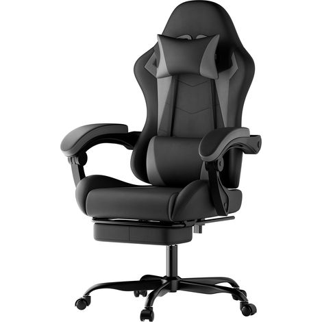 Chaise gaming ergonomique avec coussin lombaire, appui-tête réglable, accoudoirs synchronisés, dossier inclinable et repose-pieds, revêtement PVC noir gris - CHICFURN (1/5)