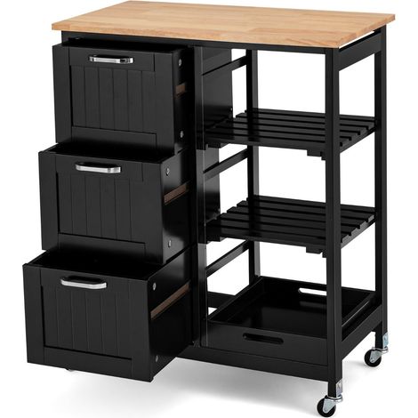 Carrello da cucina 67 x 37 x 82,5 cm con 3 cassetti e vassoio estraibile stile moderno legno di caucciù nero 200019327