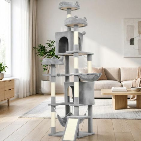 Árbol para gatos gris de 192 cm con 8 postes rascadores, 4 plataformas, 2 cuevas y escalera (1/5)