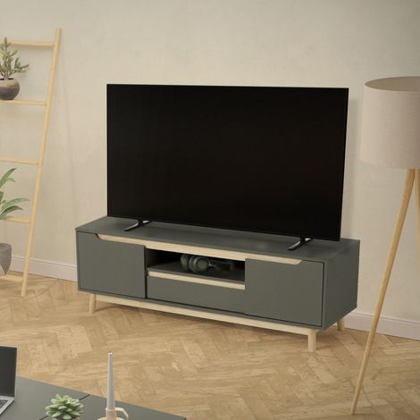 ML-Design Mesa de TV de Madera en Verde-Natural 140x40x46 cm Gabinete para Televisión de Hasta 65 Pulgadas Mueble Moderno con 2 Puertas, Cajón y Estantes Tablero de Pie Madera de Pino (1/5)
