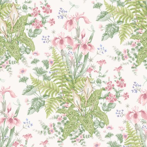 Floral Wallpaper Green Pink Botanical Flower Trail Cream Paper Washable (1/4)