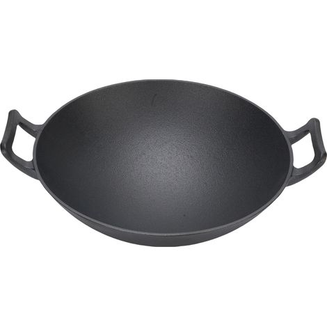 Wok multifonctionnel en fonte épaisse, Double oreille, fond rond, marmite à frire pour cuisinière à gaz, cuisinière à Induction à feu ouvert 32cm