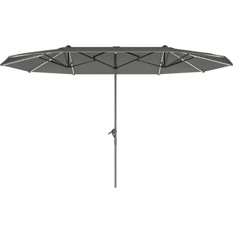 Doppelsonnenschirm mit Solar LED Lichtern 451x267 cm Aluminium UV 50+ Sonnenschirm mit Handkurbel, Balkonschirm windfest Marktschirm Sonnenschutz für Strand Balkon Garten, Dunkelgrau