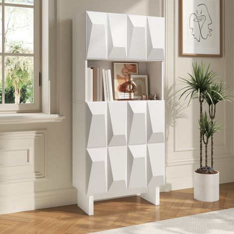 Modernluxe - Vitrine, buffet 60.5x34x135.5cm - Avec 4 portes à décor en relief et étagères ouvertes - Panneaux de particules - Blanc (1/5)